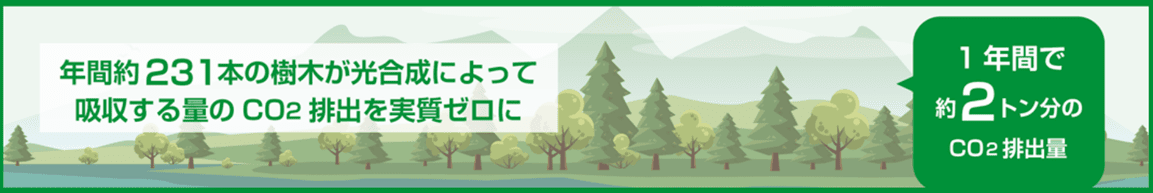 年間約231本の樹木が光合成によって吸収する量のCO2排出を実質ゼロに 1年間で約2トン分のCO2排出量